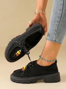 Lace-Up Vintage Beaded Suede Solid Color Loafers With Thick Serrated Platform Sole Slip-On Wedge Heels Fashion Versatile - Black - View 1