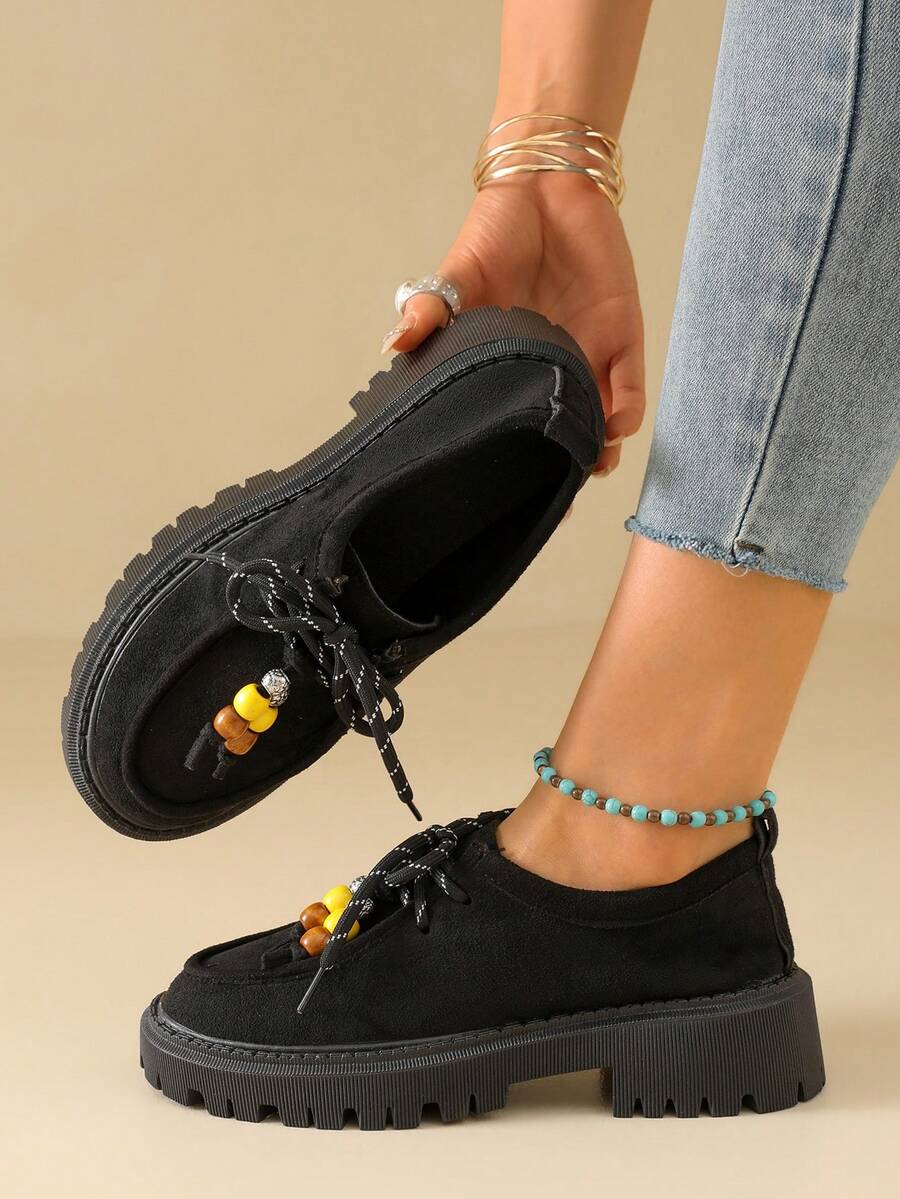 Lace-Up Vintage Beaded Suede Solid Color Loafers With Thick Serrated Platform Sole Slip-On Wedge Heels Fashion Versatile - Black - View 1