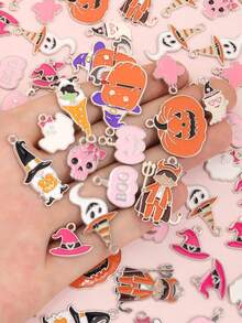 10pcs Pink Orange Drip Oil Pastel Halloween Pumpkin Ghost Skull Devil Boy Witch Hat Dwarf Pendants For DIY Sweet Cool/Cute Style Keychain Bag Charm - Macaron Halloween - View 7