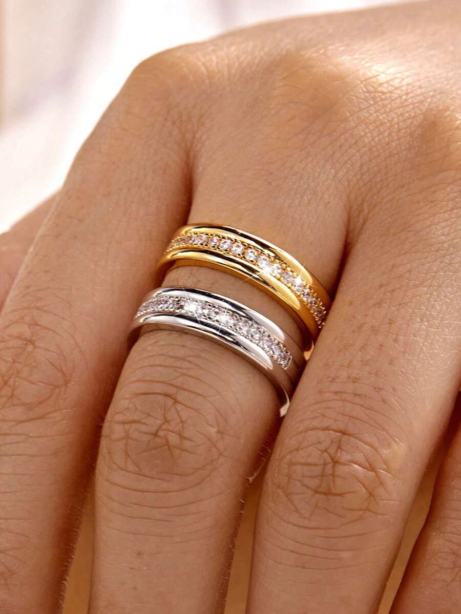 1pc Fashionable Versatile Personalized Elegant Micro-Inlaid Cubic Zirconia Ring, Simple Elegant Elegant Finger Ring Suitable For Men And Women Daily Wear - Silver - View 1