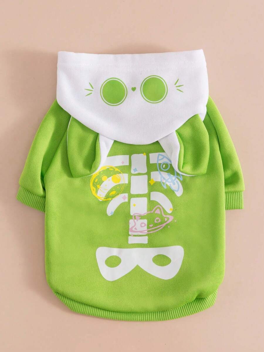 LUCKIE PAL 1pc Halloween Funny Skeleton Print Cute Cat Ear Hooded Sweatshirt For Chihuahua Small Dogs, Physical Flea Protection, Reduce Shedding, Insulated And Breathable Dog Clothing For Cats And Dogs Indoor/Outdoor - Green - View 1