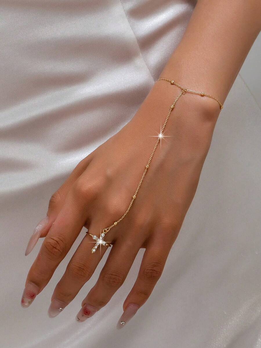 1件金色手鍊手環，附星星水鑽戒指，串珠手鍊戒指連體手飾，女款派對珠寶 - 十字架 - 查看 1
