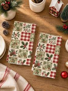 2pcs Christmas Vintage Plaid Holly & Pinecone Pattern Kitchen Towels, Soft Polyester Dish Cloths, Suitable For Kitchen Decor, Kitchen Cleaning, Holiday Party Decoration, Kitchen & Bathroom Supplies Home Essentials, Home Decor, Housewarming Gift - Multicolor - View 6