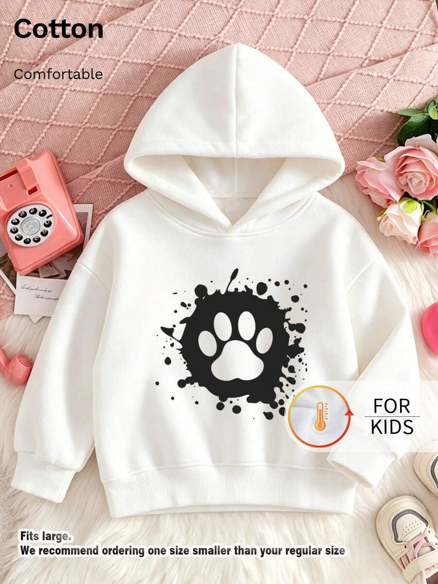 Kids Hooded Sweatshirt, Black Ink Splash Dog Paw Graphic Print Thick Fleece Lined Pullover For Kids - White - View 1