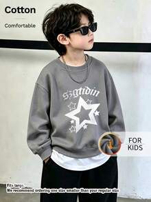 Kids Crew Neck Sweatshirt, Gothic Letter Star Graphic Print Fleece Lined Pullover For Kids - Grey - View 3