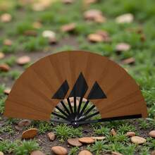 Vintage Brown Geometric Triangle Folding Fan With Minimalist Black Triangle Pattern Print, Niche High-End Photography Decorative Folding Fan - Multicolor - View 4