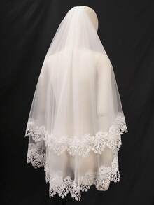 1 Pc 2 Tier Wedding Veil Fingertip Length Lace Applique Bridal Veil Blusher Veil With Metal Comb For Brides - Multicolor - View 9