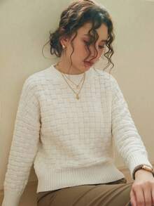 Knit Mix Elegant Women's Autumn/Winter French Fashion Commute Knit Solid Color Round Neck Long Sleeve Hollow Out Regular Loose Pullover Sweater - White - View 4
