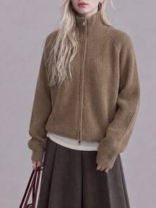 Women's Ribbed Knit Collar Cardigan Jacket, Full Zip, Long Sleeve, Short Length, Warm - Coffee Brown - View 3