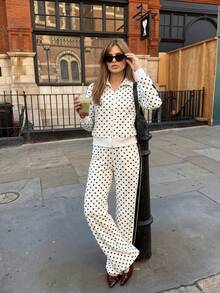 Polka Dot Colorblock Zip-Up Cardigan Two Pieces Set, Lapel Long Sleeve Top & Wide Leg Pants Women Casual Sports Outfit - Multicolor - View 3