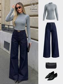 Women's 2pcs Ribbed Knit Base Layer Tops, Grey Mock Neck And Black Turtleneck Slim Fit Long Sleeve Wool Blend Knitted Sweaters, Spring/Autumn Skin-Friendly Basic Solid Color Casual Layering Tops - Black + Grey - View 4