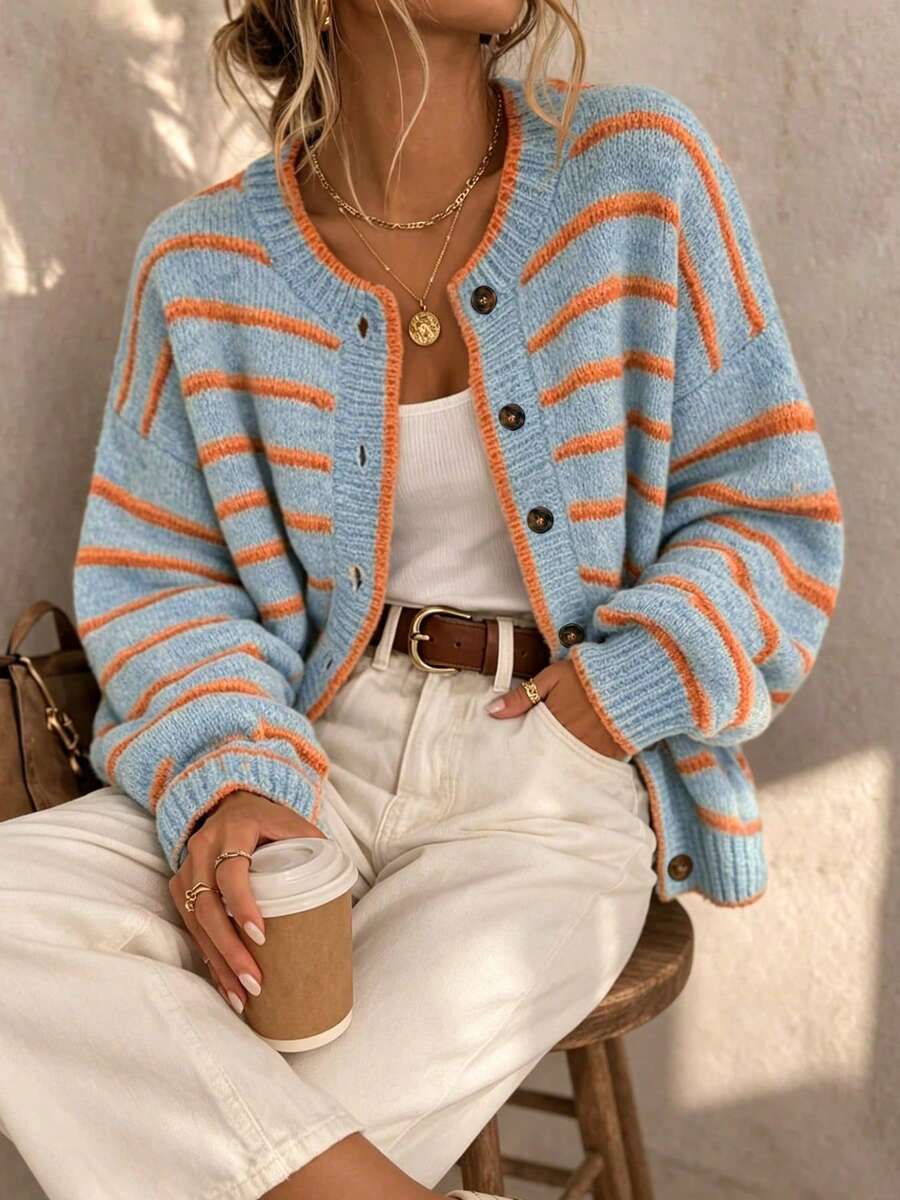 Plus Size Women's Round Neck Single Breasted Contrast Color Striped Lantern Sleeve Knit Cardigan, Loose Casual Versatile Autumn/Winter Retro Street Commute Style - Multicolor - View 1