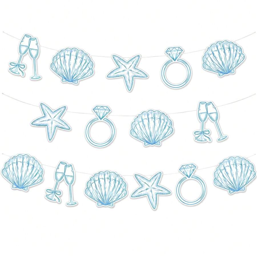 1 Set Beach Last Call Banner, Blue Beach Bridal Or Bachelorette Party Decor, Shell Champagne Glass, Wedding Ring Shaped Paper Beach Shell Party Banner, Natural Seashell Starfish Conch Ocean Party Decor, Paper Banner For Summer Beach Birthday Party - Multicolor - View 1