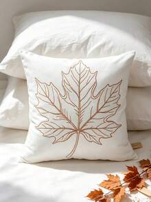 1pc Autumn Maple Leaf Embroidered Pillowcase, Ins Minimalist White Cushion Cover, Thanksgiving Living Room Sofa Decorative Throw Pillow, Bedroom Bedhead, 17.7*17.7 Inches (45*45 Cm), Zipper Closure, Machine Washable, Pillow Insert Not Included - White - View 1