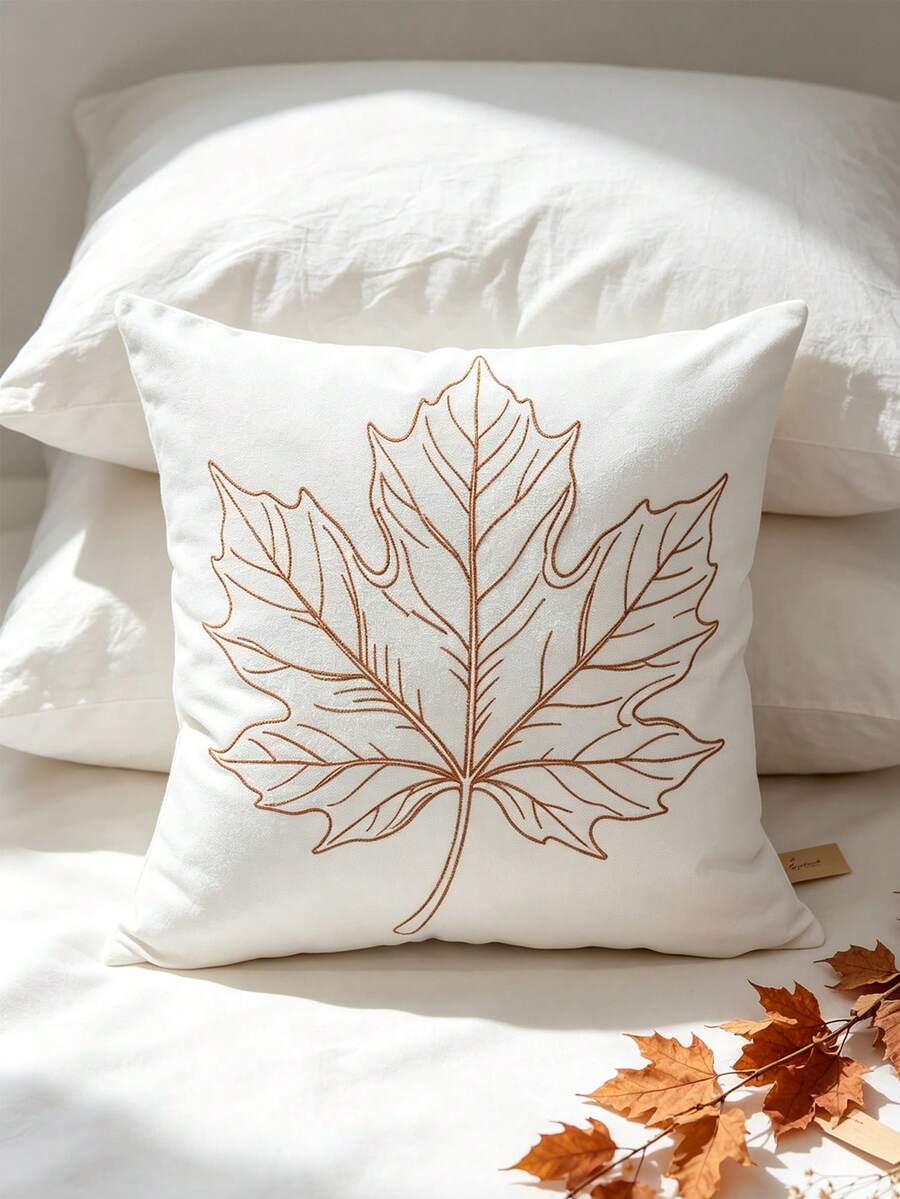1pc Autumn Maple Leaf Embroidered Pillowcase, Ins Minimalist White Cushion Cover, Thanksgiving Living Room Sofa Decorative Throw Pillow, Bedroom Bedhead, 17.7*17.7 Inches (45*45 Cm), Zipper Closure, Machine Washable, Pillow Insert Not Included - White - View 1