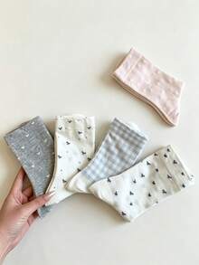 1/5/10 Pairs Women Sweet Heart Bow Plaid Mid-Calf Socks, Korean Style Cute Slouch Socks - Multicolor - View 4