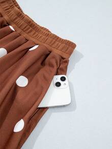Acelitt Spring/Autumn Casual Polka Dot Print Crew Neck Loose Oversized Sweatshirt & Pants Set, Suitable For Daily Shopping, Outings And Vacations - Brown - View 9