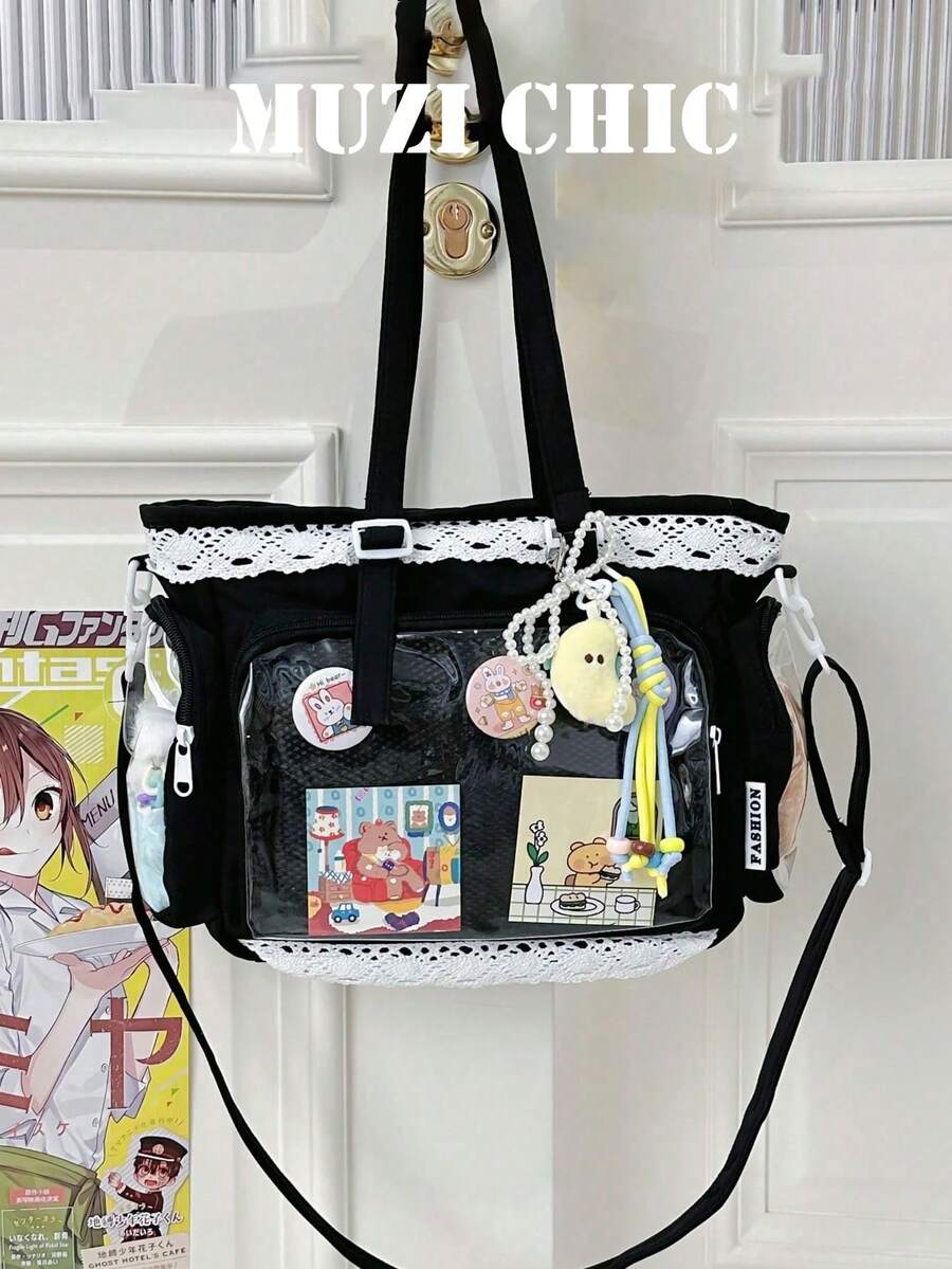 Tote Bag Lace Trim Ita Bag, Front Display Window Design, Multiple External Zipper Pockets, Decorative Charms, Hand-Carry And Crossbody Dual-Wear, Large Capacity For Personal Items, Suitable For Anime Conventions, School, And Outings, Sweet Anime Style Outfit - Black - View 1