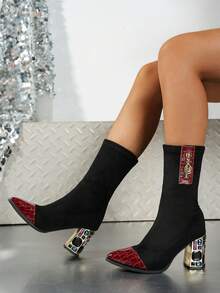 Women's Pointed Toe Elastic Ankle Boots, Red Crocodile Pattern Patent Leather Patchwork, Rhinestone Decor Chunky Heel Mid-Calf Boots, Side Zipper Decoration Party Dress Boots - Black - View 2
