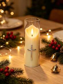 3pcs/Set Holiday Atmosphere Hot-Selling Religious Series Cross Electronic Candle Light Decor, Living Room Bedroom Bedside Table Ornament, Night Light Suitable For Multiple Scene Decoration - Beige - View 6