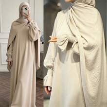Busana Sehari-hari Wanita Timur Tengah, Set Hijab dan Abaya 2 Potong yang Serasi, Gaun Panjang Lengan Mengembang Longgar dengan Manset Elastis - MultiWarna - View 7