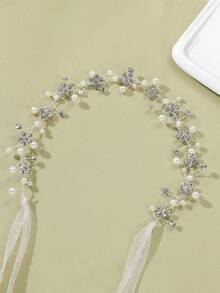 1pc Children's Pearl Rhinestone Hair Vine, Shiny Crystal Floral Headband With Ribbon Tie, Suitable For Girls' Birthday, Party, Pageant And Photo Shoot - Multicolor - View 4