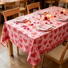 1pc Watercolor Hearts Rectangular Table Cloth, Pink Base Red Heart Printed Tablecover, Valentine Wedding Birthday Party Dining Table Decor - Multicolor - View 1