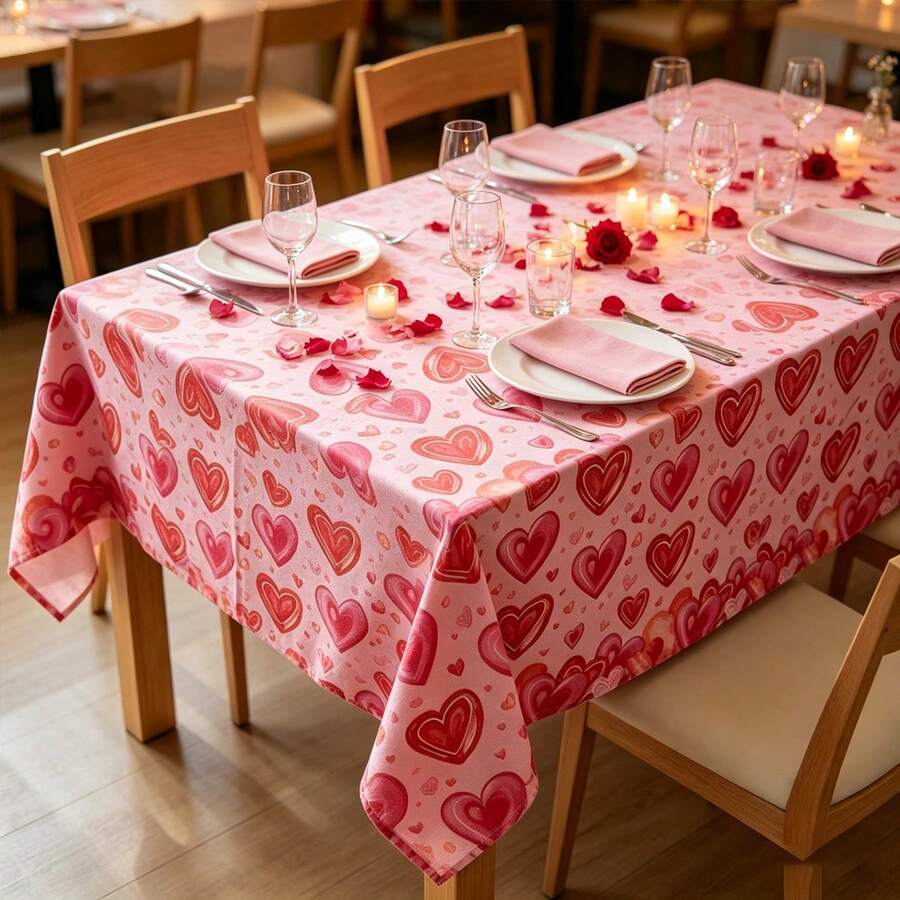 1pc Watercolor Hearts Rectangular Table Cloth, Pink Base Red Heart Printed Tablecover, Valentine Wedding Birthday Party Dining Table Decor - Multicolor - View 1