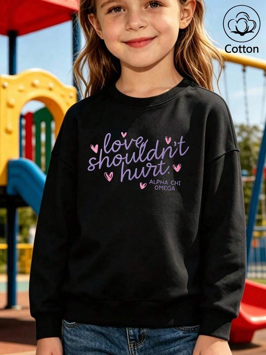 Children's Crew Neck Sweatshirt With Purple Handwritten English  Heart  Print - Black - View 1