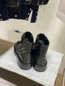 Women's Diamond-Quilted Ankle Boots, Black And White Patchwork, Lace-Up Design With Metal Eyelets, Thick Platform Sole, Fashionable Short Boots For - Black - View 3