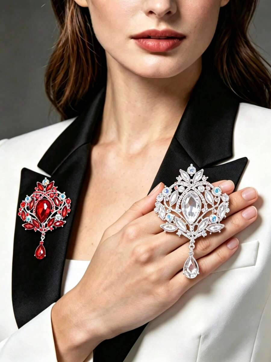 1pc Palace Style Heavy Rhinestone Water Drop Pendant Brooch, Vintage Luxurious Hollow Design Suit Coat Pin, Banquet Wedding Dress Accessory High-End Corsage - Silver - View 1