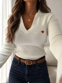 Women's Fashion Casual V-Neck Regular Shoulder Long Sleeve Heart Embroidery Pattern Premium Daily Commute Knit Top, All Seasons - White - View 3