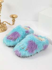 Women's Solid Color Platform Thick Sole Closed Toe Slippers, Thermal Lined Slip-On Bread Shoes, Bohemian Style Indoor/Outdoor Slippers For Autumn/Winter - Blue - View 2