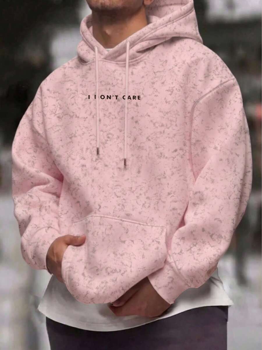 High Street 水洗做舊男士 DON'TCARE 文字印花寬鬆抽繩連帽衛衣 - 粉色 - 查看 1