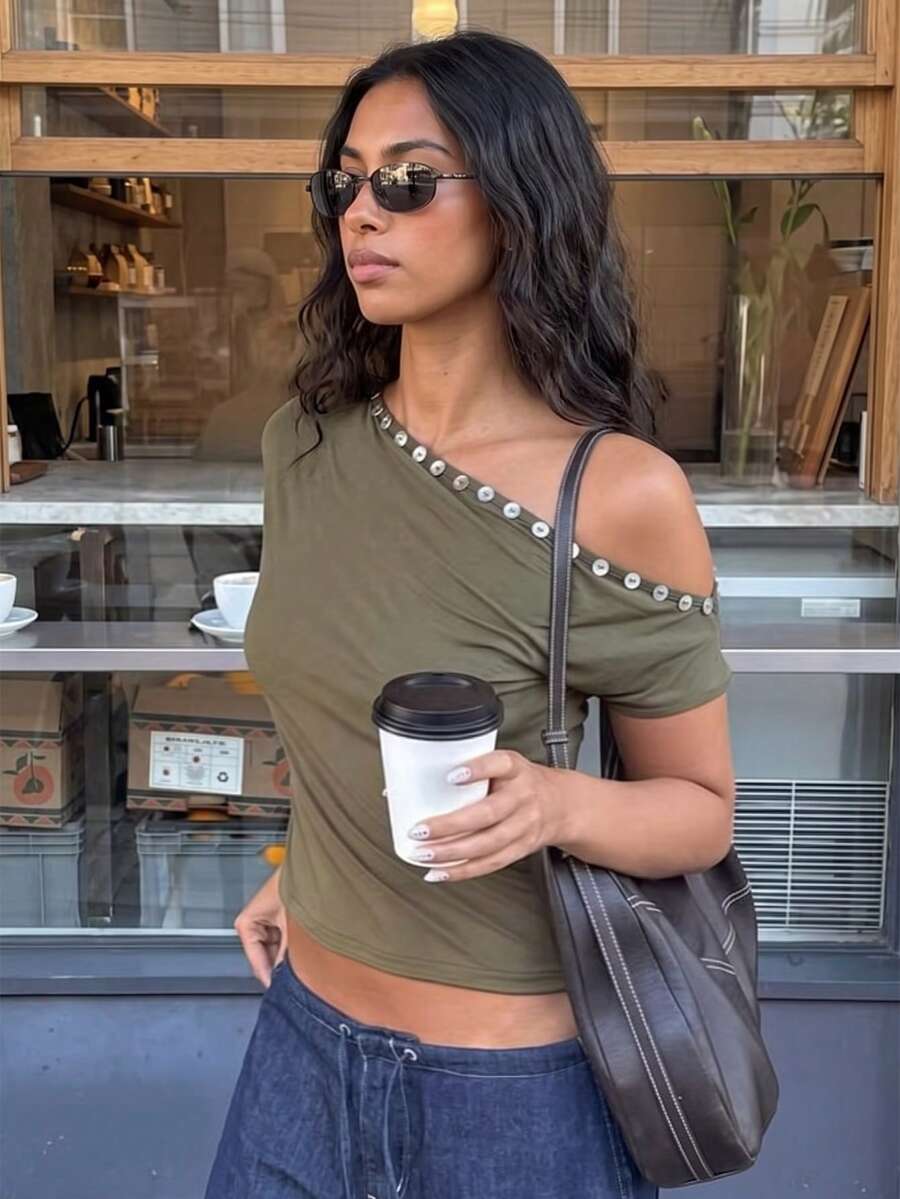 Vaiaye Women Loose Casual Round Neck One-Shoulder T-Shirt, Shell Decor Slim Fit T-Shirt, Spring/Summer Open Shoulder Top - Army Green - View 1