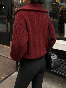 VIBEWAVE Women's Burgundy Half-Zip Cable Knit Cropped Sweater, Vintage Relaxed Loose Drop Shoulder Pullover Top For Autumn/Winter - Red - View 8