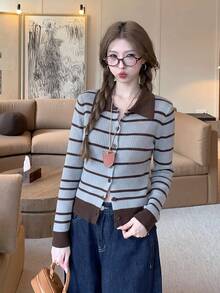 Women's Loose Vintage Contrast Color Striped Knit Cardigan Sweater, Button-Up Soft Cozy Outerwear Top, Autumn/Winter - Light Sky Blue - View 7