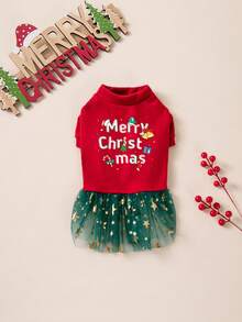 Christmas Pet Dog Velvet Christmas Candy Cane Print Star Tulle Dress Holiday Costume Outfit - Red - View 14