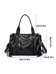 Dedoo Vintage Motorcycle Tote Bag, Soft Washed PU Leather, Woven Rivet Multi-Pocket, Large Capacity Storage, Distressed Punk Style, Suitable For Commuting And Travel For Women - Black - View 12