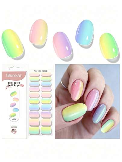 Harunouta 20 Tips Semi-Cured Gel Nail Strips, Desain Gradien Ombre Oranye Merah Pink Neon yang Berani, Stiker Kuku Gel UV-LED yang Dapat Dilepas, Manikur Rumahan yang Mengkilap dan Menarik Perhatian untuk Acara Pantai & Pesta Musim Panas