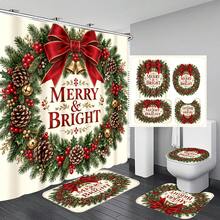1pc/4pcs Red Bow & Floral Wreath Pattern Multi-Function Bathroom Decor Shower Curtain Set, Free 12 Hooks, Premium Holiday Atmosphere, Bathroom Mat, U-Shaped Rug And Round Toilet Lid Cover, Suitable For All Scenes Decoration Bathroom Set - Red Bow Wreath - View 8
