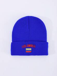 1pc Women's Letter Colombia Flag Embroidered Knit Beanie Hat, Brimless Cap Suitable For Autumn/Winter Warmth, Daily Outfits - A - View 6