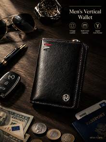 Wallets For Man, Vintage Vertical PU Leather Wallet, Large Capacity Multi-Card Slot With Zipper Coin Pocket - Black - View 1