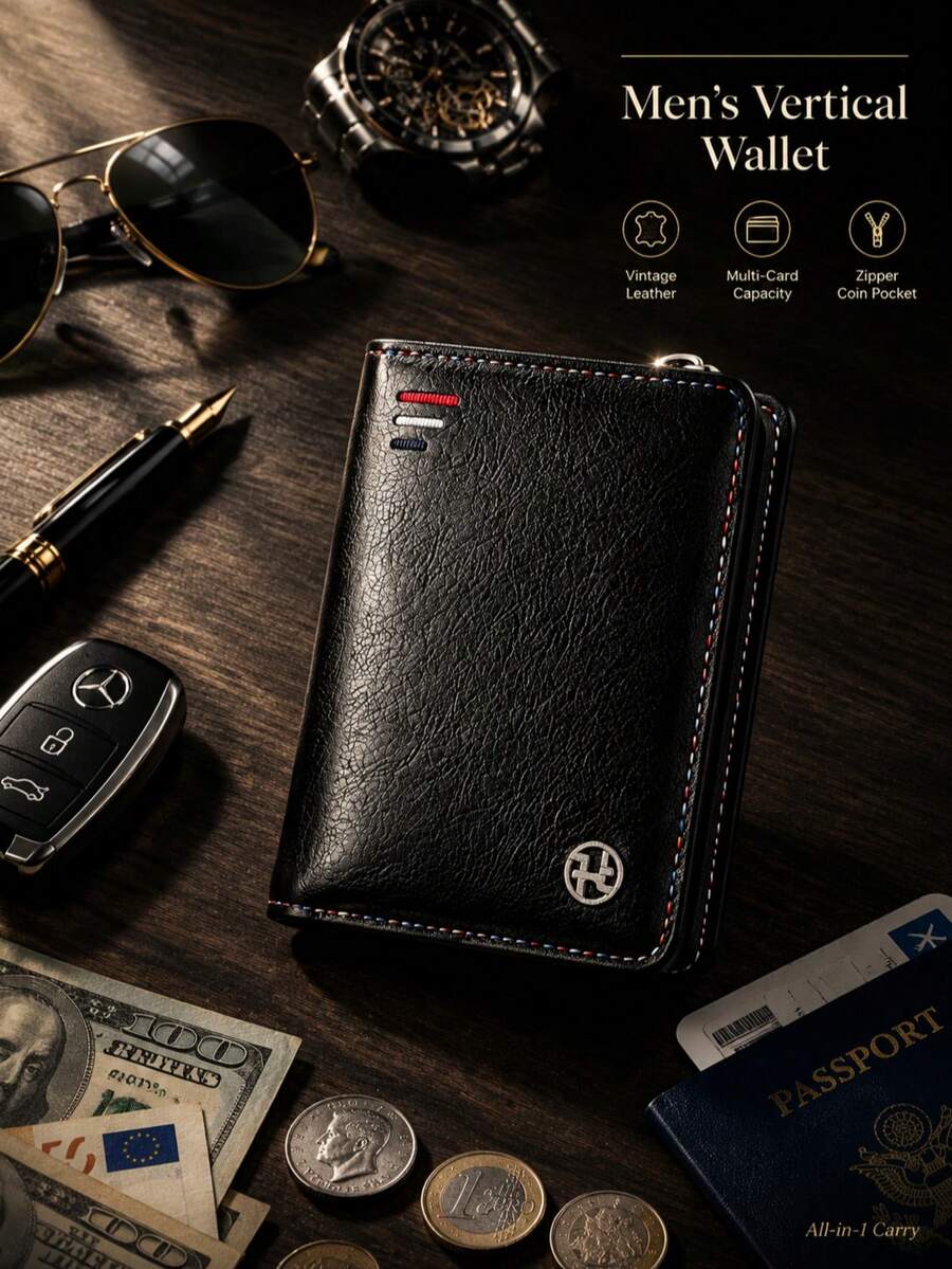 Wallets For Man, Vintage Vertical PU Leather Wallet, Large Capacity Multi-Card Slot With Zipper Coin Pocket - Black - View 1