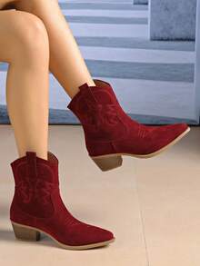 Autumn/Winter New Women's Outdoor Fashion Patchwork Embroidered Pointed Toe Western Boots Comfortable Chunky Heel Slip-On Short Ankle Boots - Burgundy - View 7