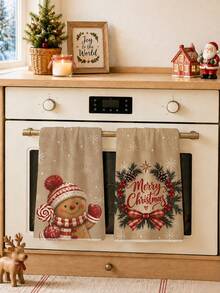 2pcs Christmas Cartoon Cute Gingerbread Man Pattern Kitchen Towels, Soft Polyester Material Dish Cloths, Suitable For Kitchen Decoration, Kitchen Cleaning, Holiday Party Decor, Kitchen Bathroom Supplies Home Essentials, Home Decor, Housewarming Gift - Multicolor - View 6