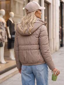 Women's Quilted Hooded Jacket Detachable Drawstring Hood Zip Front Regular Fit - Beige - View 3