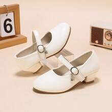 White Minimalist Girls' Princess Shoes, Fine Glossy Material, Single Strap Hook And Loop With Rhinestone Pendant. Low Heel Design For Stable Walking, Round Toe To Protect Toes, Soft And Comfortable Lining. Suitable For Performances, Weddings, Parties, Clean And Versatile. - White - View 4