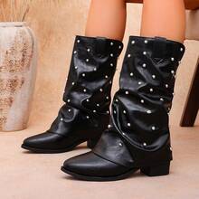 Women's Fashion Pointed Toe Low Heel Rivet Western Style Holiday Pleated Boots - Black - View 5