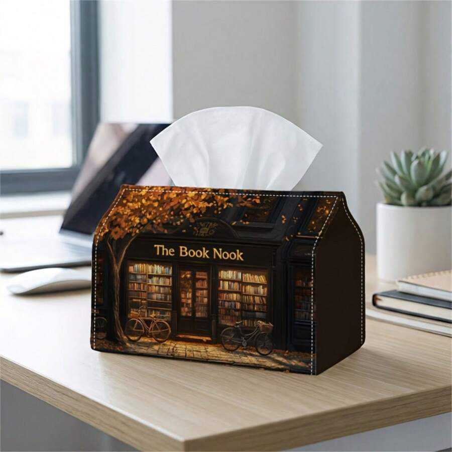 1pc Bookstore Cabin Pattern Tissue Box, Multi-Functional Sturdy Storage Box, Perfect For Living Room, Bedroom Or Kitchen Home Decor, Can Effectively Hide And Store Tissues And Napkins